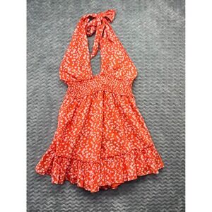 Aerie Find Happy Ever Orange Floral‎ Halter Tie Mini Dress Smocked Ruffle
